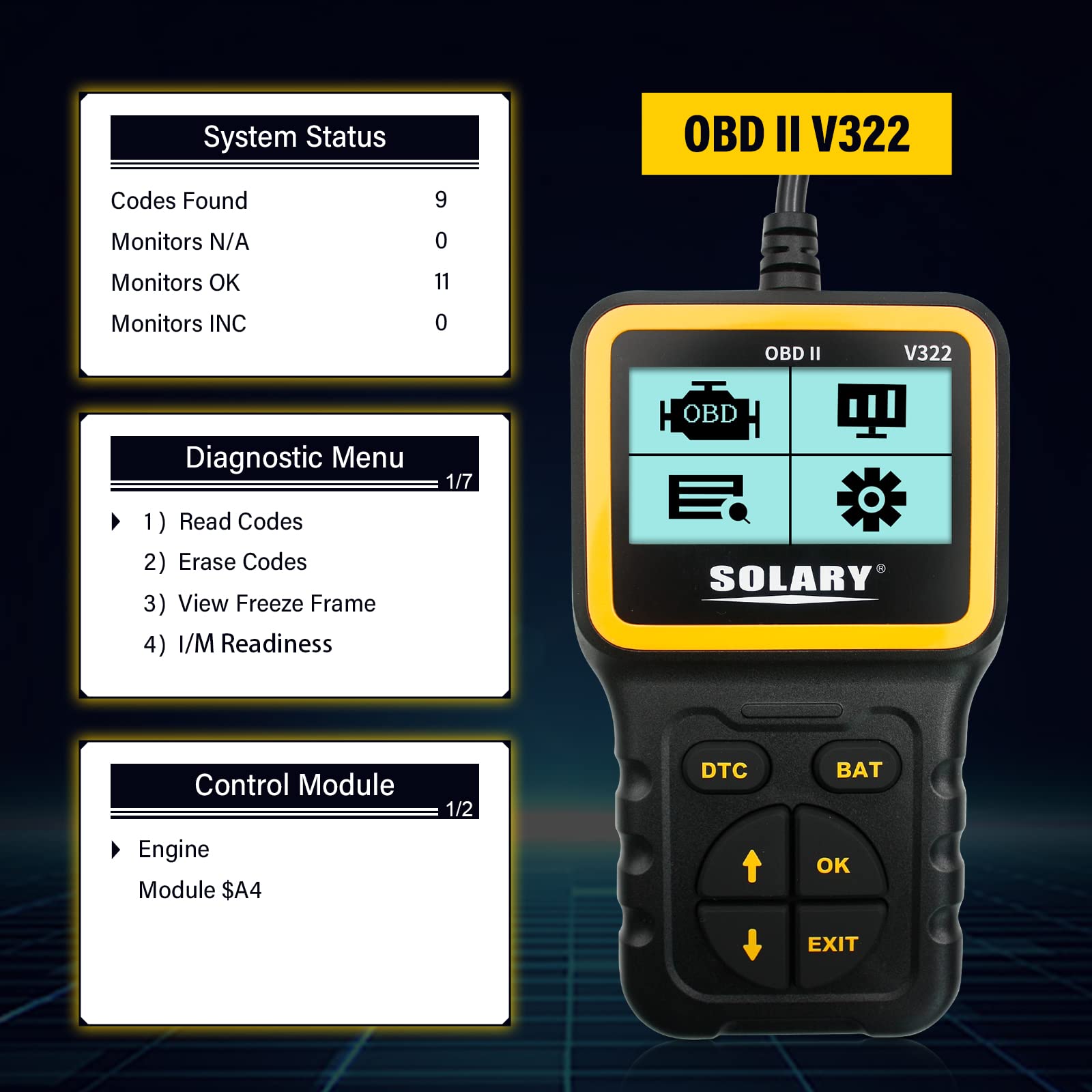Solary OBD2 Scanner, V322 Professional OBD II Scanner Car Engine Fault Code Reader, CAN Diagnostic Scan Tool for All OBD II Cars - Auto Body Collision Repair Welding Products