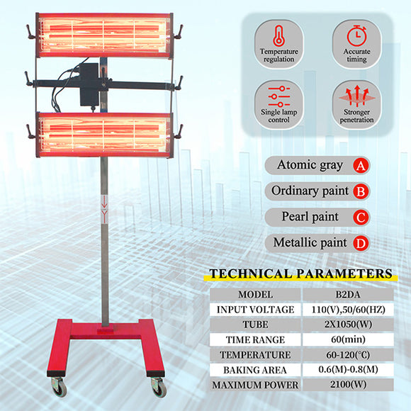 Solary Infrared Paint Curing Lamp, 2100W 110V Short Wave Infrared Paint Dryer with Timer for Car Paint Spray Booth, Red - Auto Body Collision Repair Welding Products