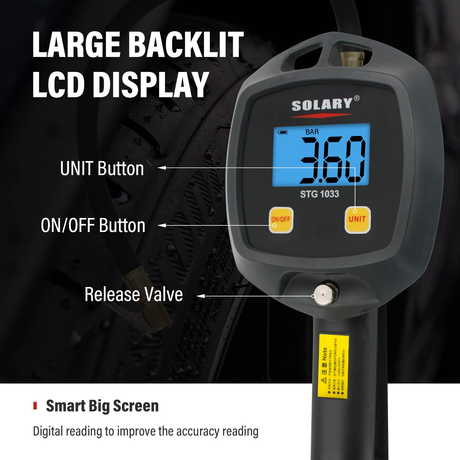 Solary Digital Tire Inflator with Pressure Gauge, 255 PSI LED Display Tire Inflator Gauge with Rubber Hose for Car Motorcycle Bike Truck - Auto Body Collision Repair Welding Products