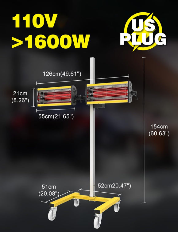 Solary Shortwave Infrared Paint Curing Lamp - 1600W 110V Paint Baking Lamp with Timer for Automotive Spray Booth, Temperature & Height Adjustable - Auto Body Collision Repair Welding Products